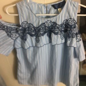 Blue and white striped off the shoulder shirt